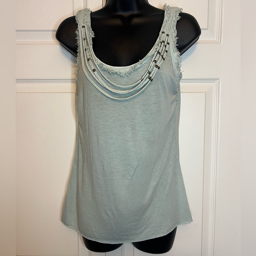 Sleeveless Tank Top Braided Detail Brass Tone Studs Frayed Ruched Seams Size M